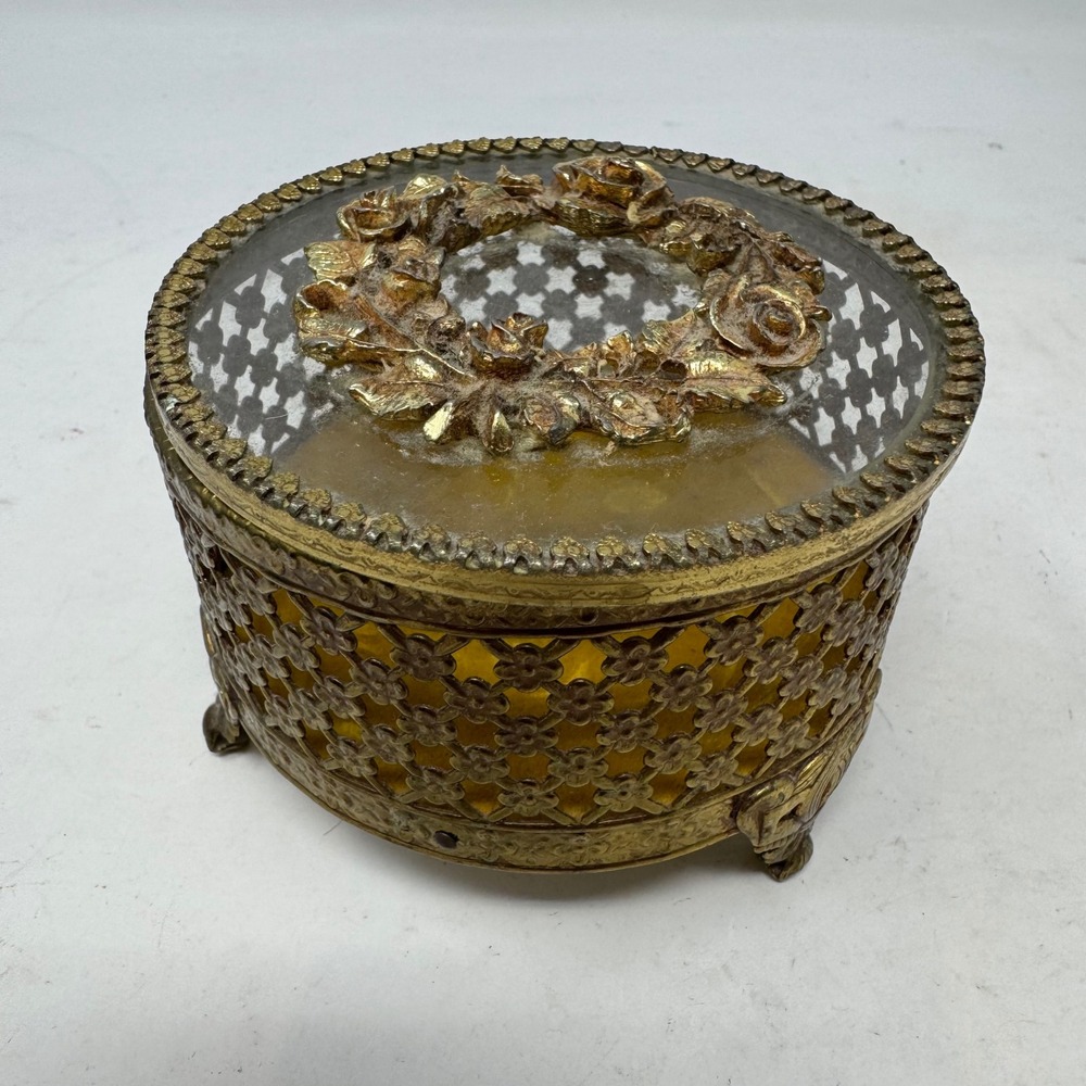 Vtg‎ Ormolu Gold Filigree Rose Jewelry Box Hollywood Regency Footed Trinket Case
